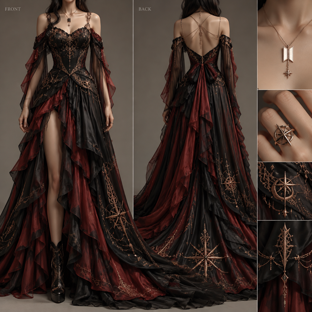 I want the dress to be silk and ruffles and designs for the top and the bottom of the dress I was thinking some bts design similar to Ateez theme color and for the jewelry I want the bts logo necklace and the ring to be Ateez logo
photorealistic fashion design, I want the dress to be silk and ruffles and designs for the top and the bottom of the dress I was thinking some bts design similar to Ateez theme color and for the jewelry I want the bts logo necklace and the ring to be Ateez logo, just the design no text, show front and back
