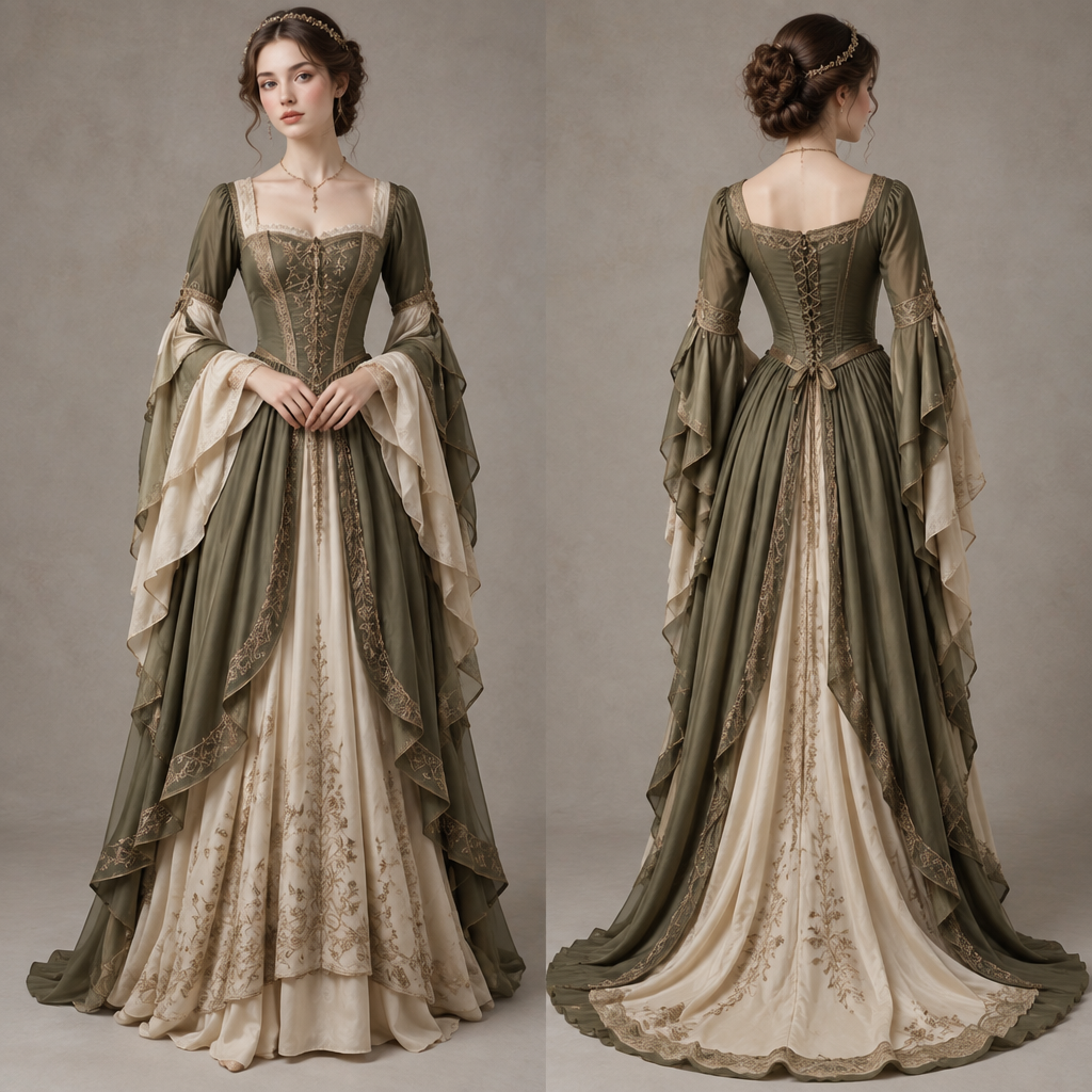 A Female Dress design, made of Silk, with a light, flowing drape, with a Fitted silhouette, styled in layers, suitable for Fall, suited to a Temperate climate, in Medieval + Victorian + Regency style, shown on a model with fair skin and a petite figure Present it as professional fashion catalogue photography: the garment is the subject, shown full-length with editorial styling, neutral posing and tasteful, non-suggestive framing.
photorealistic fashion design, A Female Dress design, made of Silk, with a light, flowing drape, with a Fitted silhouette, styled in layers, suitable for Fall, suited to a Temperate climate, in Medieval + Victorian + Regency style, shown on a model with fair skin and a petite figure Present it as professional fashion catalogue photography: the garment is the subject, shown full-length with editorial styling, neutral posing and tasteful, non-suggestive framing., medieval style, just the design no text, show front and back