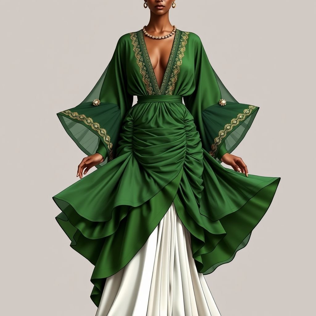 Create a woman’s kaftan that would wow. Add layers of fabric to create a big skirt but also add structure by ruching the waist. Give it a low neckline, and a monochrome hunter green color. Add details of ruched tulle and an accent of 6 inches ab crystals on a gold and green base to create a luxurious detail to the dress. The base fabric is duchess satin in hunter green
Design a stunning African-inspired kaftan for women with a voluminous layered skirt and intricate ruching at the waist for structure. Emphasize a deep low neckline and rich hunter green duchess satin. Incorporate flowing tulle around the sleeves, adorned with 6-inch crystal accents on a gold and green base for a luxurious statement.