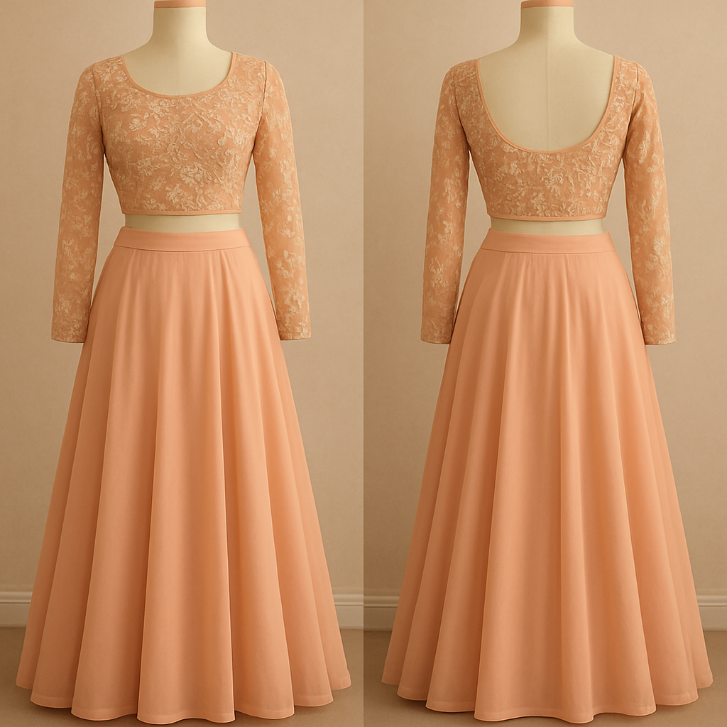 Need a Indo western lahenga design, the top fabric should b of embroidered georgette and the bottom fabric should b plain
Need a Indo western lahenga design, the top fabric should b of embroidered georgette and the bottom fabric should b plain , show front and back