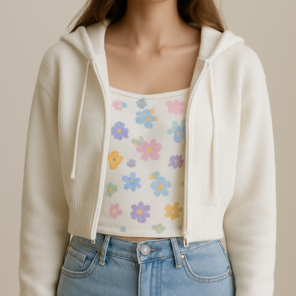 Make me a realistic design, a small white top that has a cute preppy design with pastel colors, and flower designs too also a white sweater with a hood leave the sweater, but a white top underneath it is perfect
Make me a realistic design, a small white top that has a cute preppy design with pastel colors, and flower designs too also a white sweater with a hood leave the sweater, but a white top underneath it is perfect, preppy style