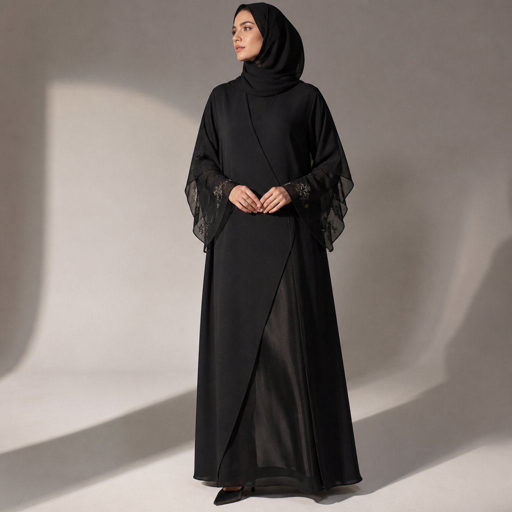2. Luxury black abaya with an innovative diagonal front construction. One section of the black fabric wraps diagonally from the shoulder toward the lower side, creating a hidden layered effect. Add a subtle opening revealing a sheer black chiffon layer underneath. The sleeves have an unusual double-layered asymmetric cut with delicate floral crystal details along the edges. Straight abaya silhouette, sophisticated and unique, perfect for outings, not a dress, not flared.
photorealistic fashion design, 2. Luxury black abaya with an innovative diagonal front construction. One section of the black fabric wraps diagonally from the shoulder toward the lower side, creating a hidden layered effect. Add a subtle opening revealing a sheer black chiffon layer underneath. The sleeves have an unusual double-layered asymmetric cut with delicate floral crystal details along the edges. Straight abaya silhouette, sophisticated and unique, perfect for outings, not a dress, not flared., just the design no text