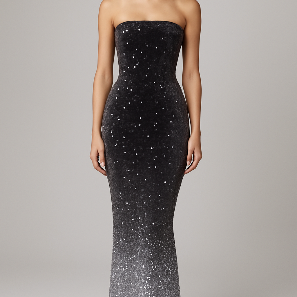 Velvet maxi dress charcoal colour with sporadic sequins
Bandeau and fitted
More sequins and more fitted on legs
Tighter at the end lighter grey in colour and sequins silver
Velvet maxi dress charcoal colour with sporadic sequins
Bandeau and fitted
More sequins and more fitted on legs
Tighter at the end lighter grey in colour and sequins silver