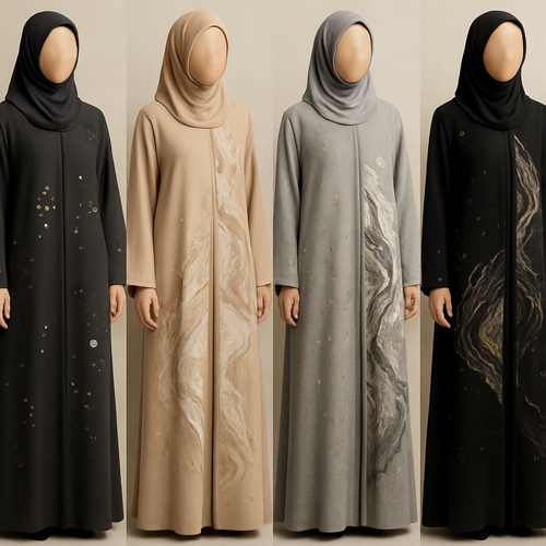 Create a modest abaya, the first of its kind, featuring a unique stone design that exudes a classy and sophisticated vibe. I'd like four designs, each showcasing different styles and fabrics. Incorporate high-end, unique chic stone designs to make them truly special. Add little sophisticated stone designs.