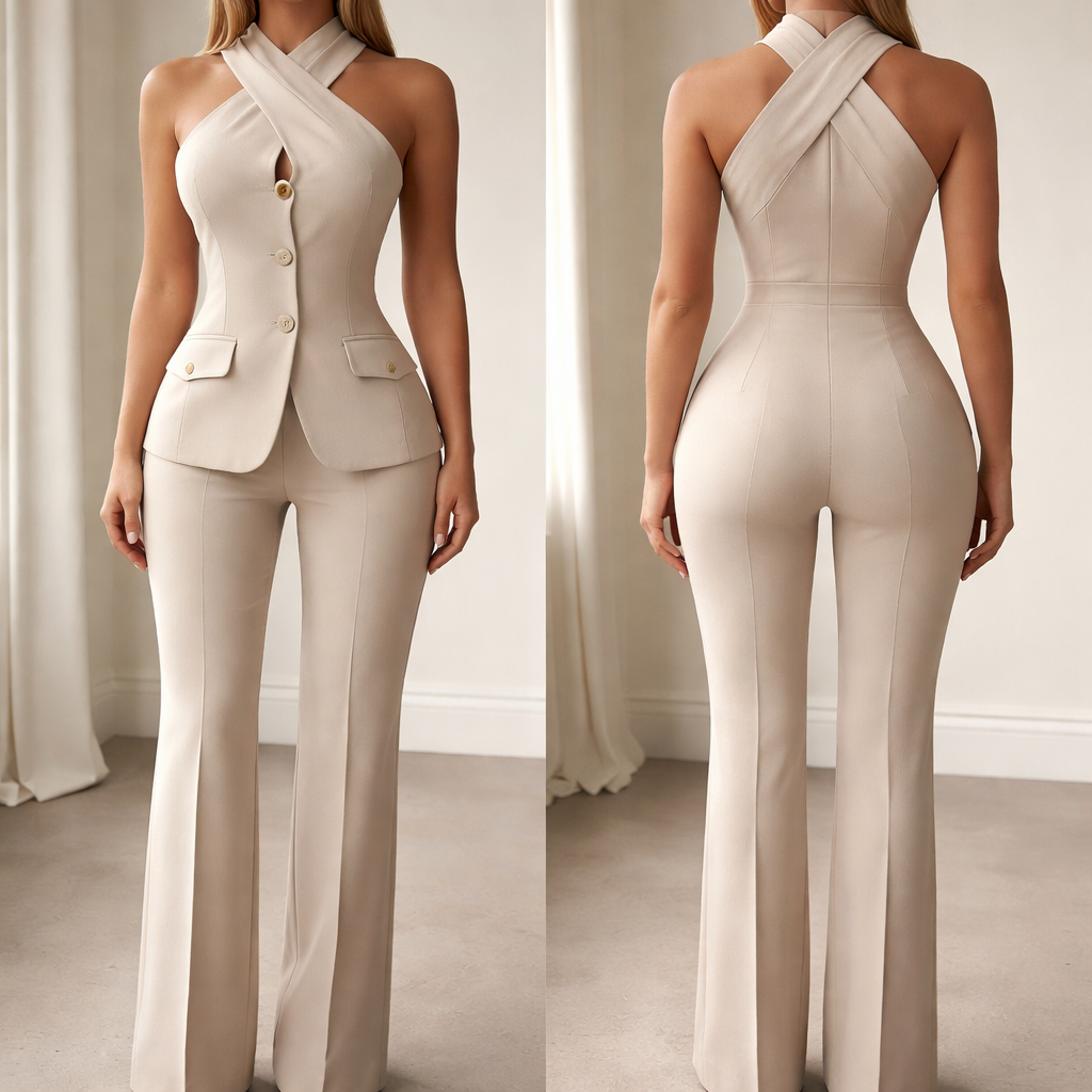 Two piece suit set. Only 3 buttons straight down in the middle on the top on a breasted halter crossed neck top. Thick material. No skin showing at gap of top!!!!!!!Full coverage.All beige, symmetrical pockets only on sides/top piece, no drooping pockets. No back pockets. Extenuate small waist and curvaceous hips. No crop top. Show top to bottom. Thicker cross.
Two piece suit set. Only 3 buttons straight down in the middle on the top on a breasted halter crossed neck top. Thick material. No skin showing at gap of top!!!!!!!Full coverage.All beige, symmetrical pockets only on sides/top piece, no drooping pockets. No back pockets. Extenuate small waist and curvaceous hips. No crop top. Show top to bottom. Thicker cross., business style, show front and back