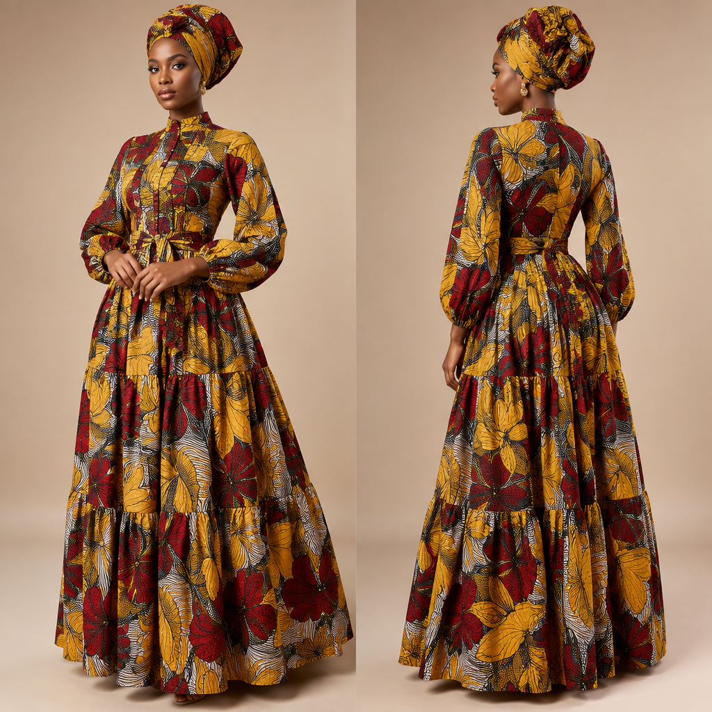 A Female Dress design, with modest, full coverage: longer hemlines, higher necklines and covered shoulders, suitable for Summer. Consider Nigerian fashion — Ankara prints, aso-oke, adire, agbada; vibrant patterns, head-wraps (gele), bold colors and statement pieces. Present it as professional fashion catalogue photography: the garment is the subject, shown full-length with editorial styling, neutral posing and tasteful, non-suggestive framing.
photorealistic fashion design, A Female Dress design, with modest, full coverage: longer hemlines, higher necklines and covered shoulders, suitable for Summer. Consider Nigerian fashion — Ankara prints, aso-oke, adire, agbada; vibrant patterns, head-wraps (gele), bold colors and statement pieces. Present it as professional fashion catalogue photography: the garment is the subject, shown full-length with editorial styling, neutral posing and tasteful, non-suggestive framing., just the design no text
