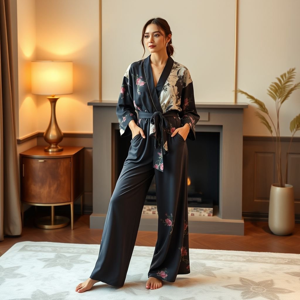 Pajamas in cotton fabric with long pants and kimono
Envision a luxurious pajama set crafted from soft, breathable cotton, featuring elegant long pants that flow gracefully to the ankles. The standout piece is a stylish kimono, adorned with delicate floral prints and an oversized belt, blending comfort with sophistication. Perfect for cozy evenings or chic loungewear gatherings.