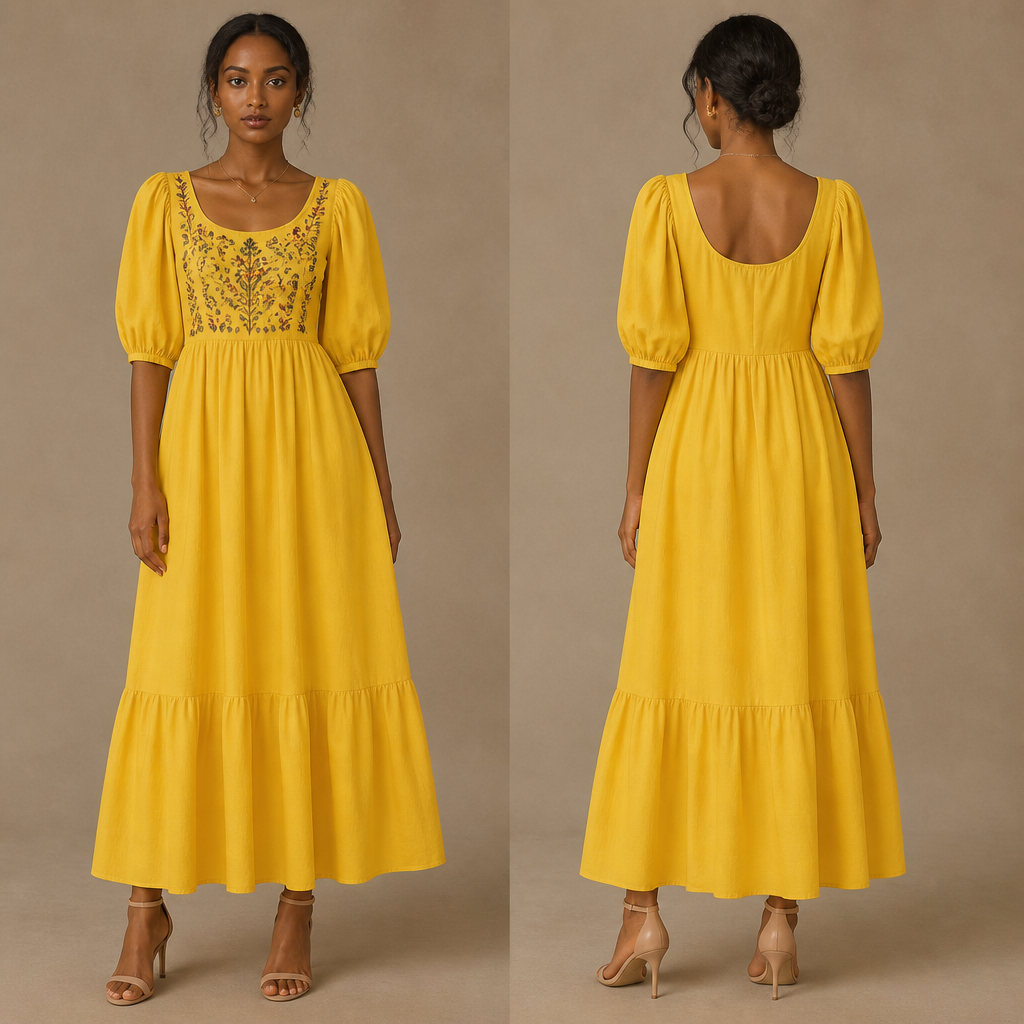 photorealistic fashion design, A Female Dress design, in Casual style. simple look puff sleeve long dress long u neck and take the picture embroidery. Ethiopia fashion aesthetics. Present it as professional fashion catalogue photography: the garment is the subject, shown full-length with editorial styling, neutral posing and tasteful, non-suggestive framing., casual style, just the design no text, show front and back. Refinement: chang to yellow , wear a heel ,
photorealistic fashion design, photorealistic fashion design, A Female Dress design, in Casual style. simple look puff sleeve long dress long u neck and take the picture embroidery. Ethiopia fashion aesthetics. Present it as professional fashion catalogue photography: the garment is the subject, shown full-length with editorial styling, neutral posing and tasteful, non-suggestive framing., casual style, just the design no text, show front and back. Refinement: chang to yellow , wear a heel , , just the design no text