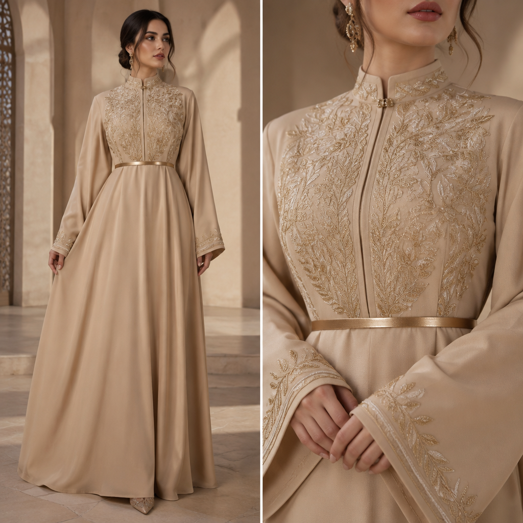 je cherche à Baya abaya beige large des manches longues et large une petite touche de broderie au bout de chaque manche l abaya est fait avec une seule piece mais avec deux types de tissu la poitrine est serre et separe du bas de l abaya avec une ceinture dore
Le haut de l abaya est brode et le col est fait avec un fermoire. Algeria fashion aesthetics. Present it as professional fashion catalogue photography: the garment is the subject, shown full-length with editorial styling, neutral posing and tasteful, non-suggestive framing.
photorealistic fashion design, je cherche à Baya abaya beige large des manches longues et large une petite touche de broderie au bout de chaque manche l abaya est fait avec une seule piece mais avec deux types de tissu la poitrine est serre et separe du bas de l abaya avec une ceinture dore
Le haut de l abaya est brode et le col est fait avec un fermoire. Algeria fashion aesthetics. Present it as professional fashion catalogue photography: the garment is the subject, shown full-length with editorial styling, neutral posing and tasteful, non-suggestive framing., just the design no text