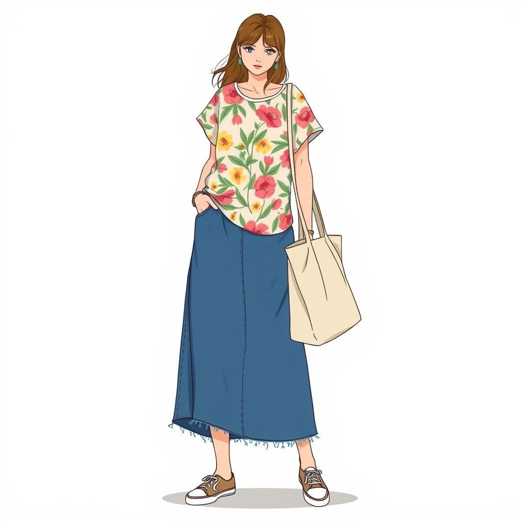Long Jean skirt with cotton short
Design a relaxed, casual ensemble featuring a full-length, indigo denim skirt with a slightly frayed hem, complemented by a lightweight, airy cotton short-sleeve top in a vibrant floral print. Accessorize with a slouchy canvas tote and comfortable slip-on sneakers, perfect for a day out or a casual brunch with friends.