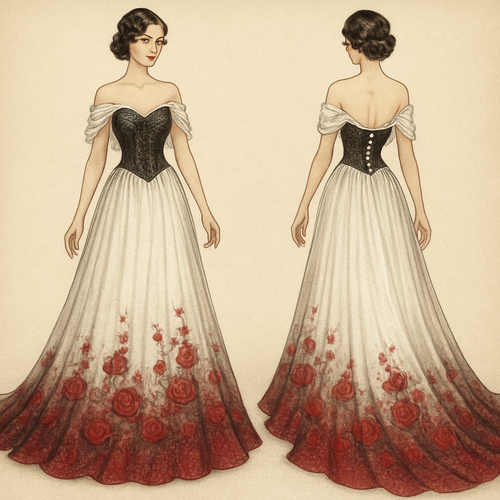 White and Black glittery wedding dress with long train. Made from chiffon, with corset top and back, with bottom fading into red with red embroidered roses. Wraparound shoulder sleeves.