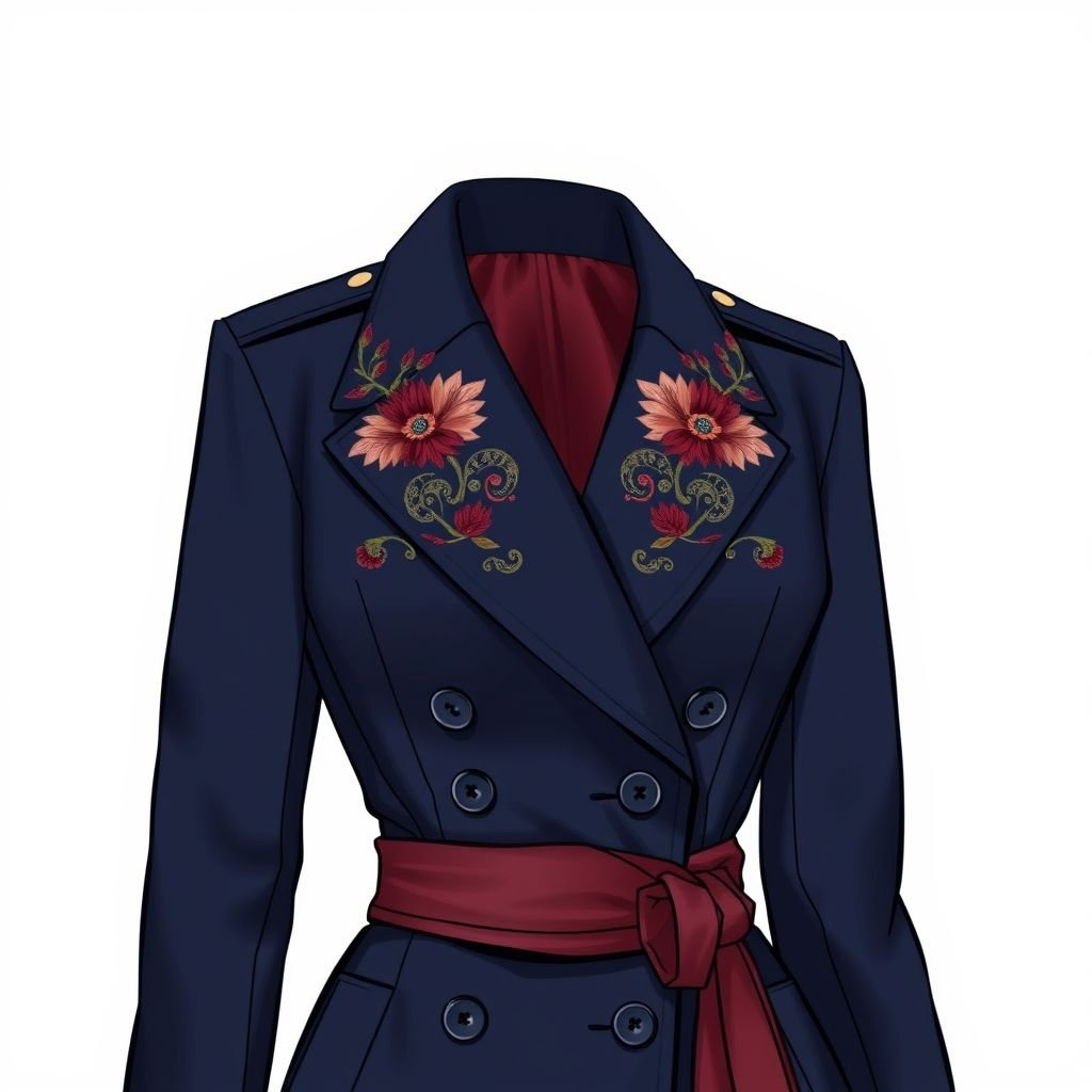 Outwear
Design an elegant formal outerwear piece featuring a structured double-breasted coat in rich navy silk. Adorn the collar with intricate hand-embroidered floral motifs, and include tailored epaulets for a military-inspired touch. The silhouette should be cinched at the waist, complemented by a luxurious satin lining in deep burgundy.
