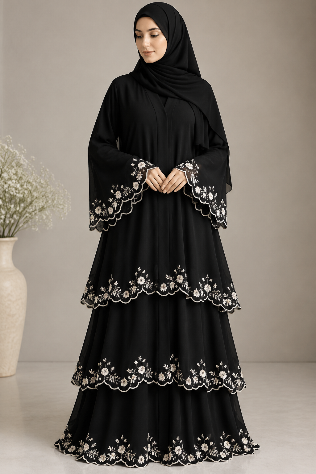 Create a premium designer black layered abaya with delicate white floral embroidery and intricate handcrafted details.
**1. Overall Abaya**
- Elegant, modest, full-length black abaya.
- Beautiful multi-layered design with soft, flowing fabric.
- Each layer should fall gracefully and be clearly distinguishable.
**2. Sleeve Design — Scalloped Flower-Edge Cut**
- Design the lower edges of both sleeves with a beautiful scalloped, flower-petal-shaped cut.
- The sleeve edges must have smooth, rounded floral curves rather than a straight hem.
- Add delicate white floral embroidery with fine handwork following the scalloped edges.
- Make the sleeve design look refined, distinctive, and professionally tailored.
**3. Matching Embroidery on Every Layer**
- Repeat the same white floral embroidery motif on every individual abaya layer.
- Place the embroidery along the visible lower edges of each layer, complementing the layered silhouette.
- Use consistent flower shapes, thread colours, and handcrafted detailing throughout the design.
- Include fine white threadwork, delicate petals, and elegant floral arrangements.
**4. Colour and Fabric**
- Main fabric: deep black.
- Embroidery: pure white.
- Fabric should look soft, luxurious, lightweight, and beautifully flowing.
**5. Image Presentation**
- Show the complete abaya from the front, including both sleeves and all layers.
- Clearly display the scalloped sleeve edges and the matching embroidery on every layer.
- Use realistic fashion photography, high fabric detail, a neutral background, and professional studio lighting.
**Important design requirements:** Keep the entire abaya black with white floral handwork only. Preserve the scalloped flower-edge sleeve cut. Every layer must have matching white floral embroidery. Do not use straight sleeve hems, colourful embroidery, or unrelated decorative patterns.
Create a premium designer black layered abaya with delicate white floral embroidery and intricate handcrafted details.
**1. Overall Abaya**
- Elegant, modest, full-length black abaya.
- Beautiful multi-layered design with soft, flowing fabric.
- Each layer should fall gracefully and be clearly distinguishable.
**2. Sleeve Design — Scalloped Flower-Edge Cut**
- Design the lower edges of both sleeves with a beautiful scalloped, flower-petal-shaped cut.
- The sleeve edges must have smooth, rounded floral curves rather than a straight hem.
- Add delicate white floral embroidery with fine handwork following the scalloped edges.
- Make the sleeve design look refined, distinctive, and professionally tailored.
**3. Matching Embroidery on Every Layer**
- Repeat the same white floral embroidery motif on every individual abaya layer.
- Place the embroidery along the visible lower edges of each layer, complementing the layered silhouette.
- Use consistent flower shapes, thread colours, and handcrafted detailing throughout the design.
- Include fine white threadwork, delicate petals, and elegant floral arrangements.
**4. Colour and Fabric**
- Main fabric: deep black.
- Embroidery: pure white.
- Fabric should look soft, luxurious, lightweight, and beautifully flowing.
**5. Image Presentation**
- Show the complete abaya from the front, including both sleeves and all layers.
- Clearly display the scalloped sleeve edges and the matching embroidery on every layer.
- Use realistic fashion photography, high fabric detail, a neutral background, and professional studio lighting.
**Important design requirements:** Keep the entire abaya black with white floral handwork only. Preserve the scalloped flower-edge sleeve cut. Every layer must have matching white floral embroidery. Do not use straight sleeve hems, colourful embroidery, or unrelated decorative patterns.