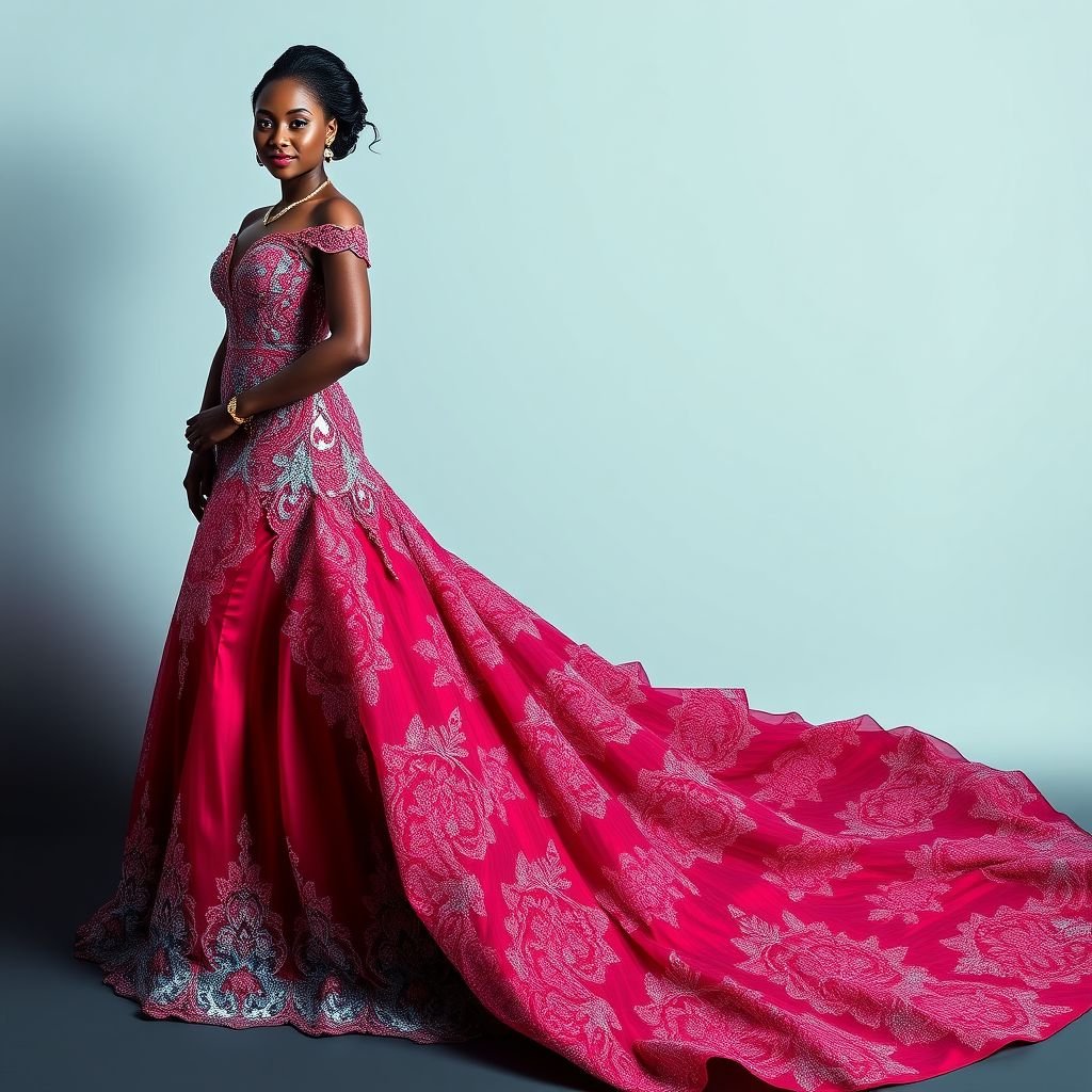 Create an elegant aso ebi beaded lace gown
Design an exquisite aso ebi gown featuring cascading layers of iridescent beaded lace that shimmer with every movement. The silhouette hugs the body gracefully, with an off-shoulder neckline and a flowing train adorned with intricate floral appliqués. Rich jewel tones blend seamlessly, celebrating heritage and modernity in a stunning unity.