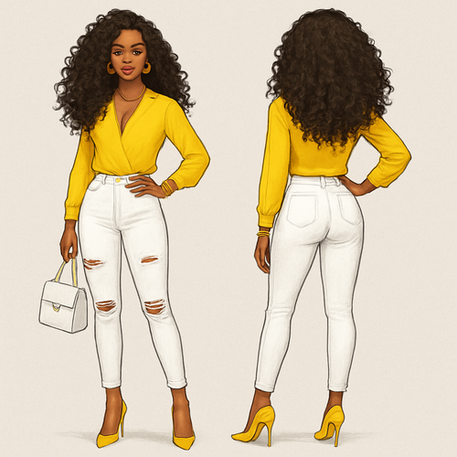 Black woman 
Long curls 
Yellow blouse 
White fitted pants with rips
Gold jewelry 
Yellow heels 
White purse 



