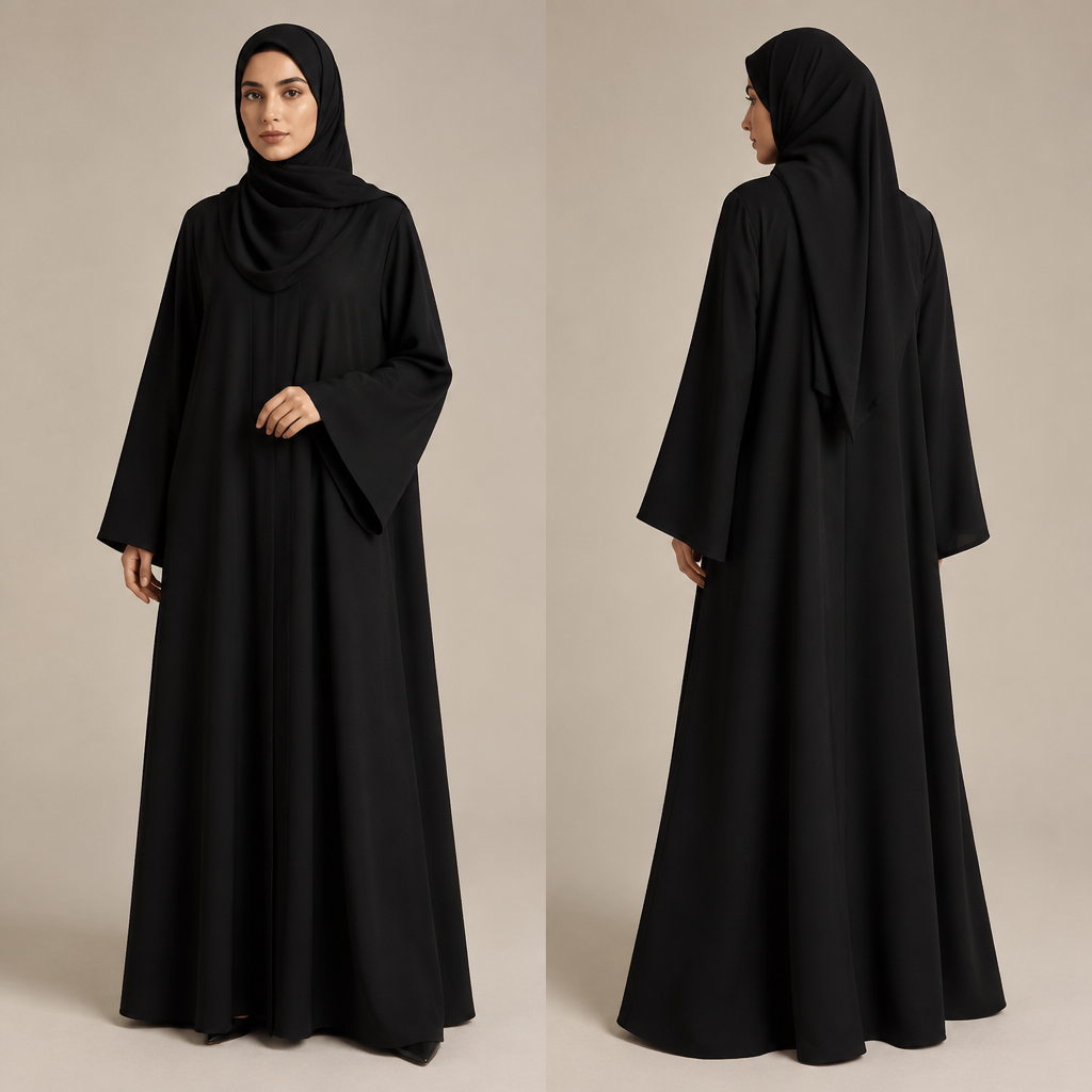 عباية سوداء ساده بدون تطريز وطرحة
photorealistic fashion design, عباية سوداء ساده بدون تطريز وطرحة , formal style, just the design no text