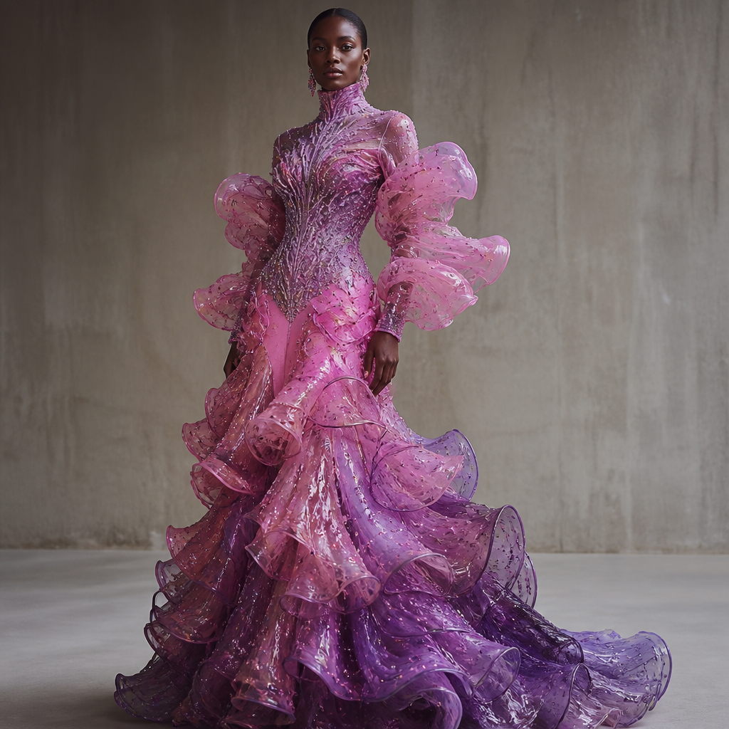 A Female Dress design, suitable for Winter, in Glamorous style. pink and purple with jellyfish ruffles. South Africa fashion aesthetics.
photorealistic fashion design, A Female Dress design, suitable for Winter, in Glamorous style. pink and purple with jellyfish ruffles. South Africa fashion aesthetics., glamorous style, just the design no text
