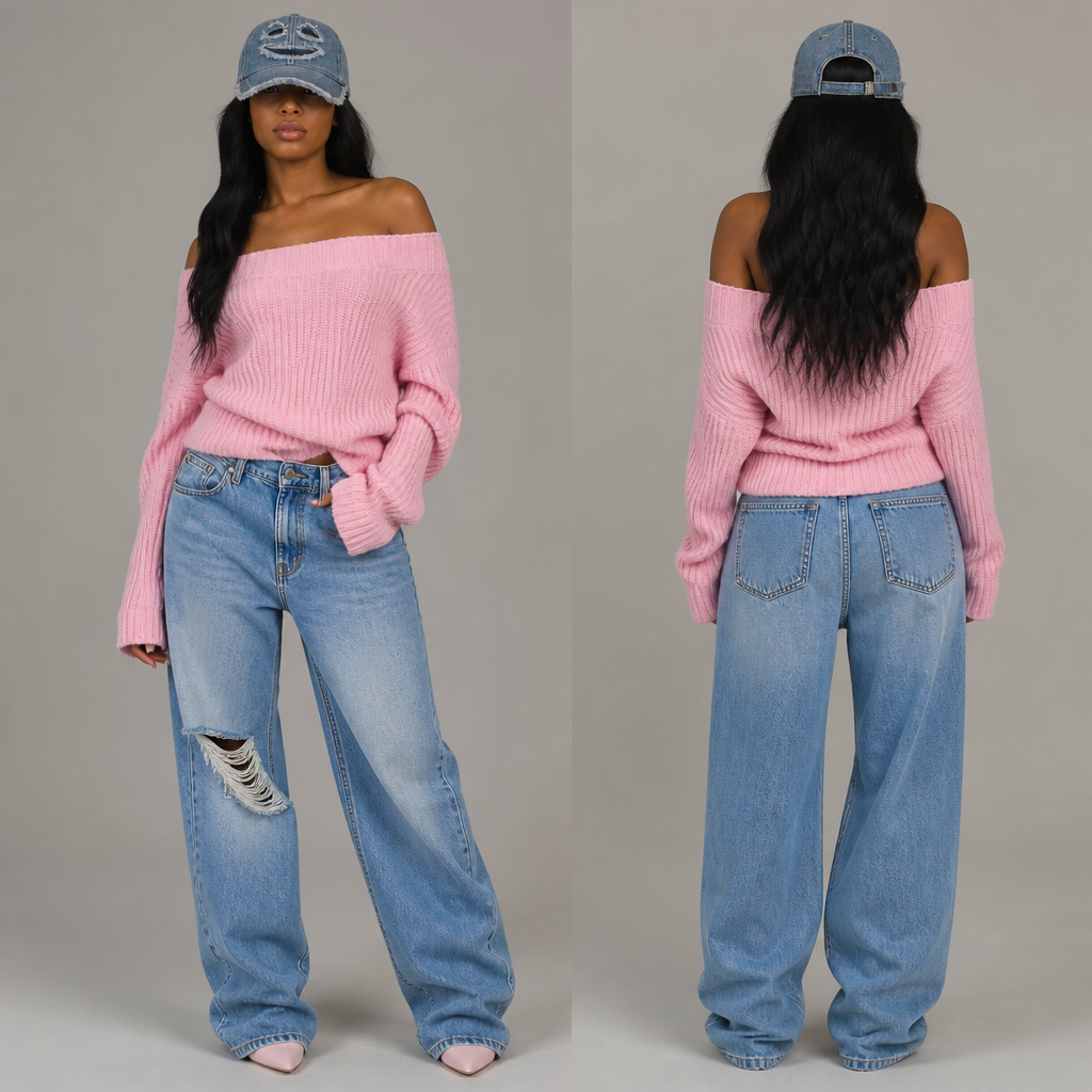 Black woman
Outfit with off shoulder pink sweater and baggy blue jeans with ripped on the knee and jeans face cap
photorealistic fashion design, Black woman
Outfit with off shoulder pink sweater and baggy blue jeans with ripped on the knee and jeans face cap , just the design no text