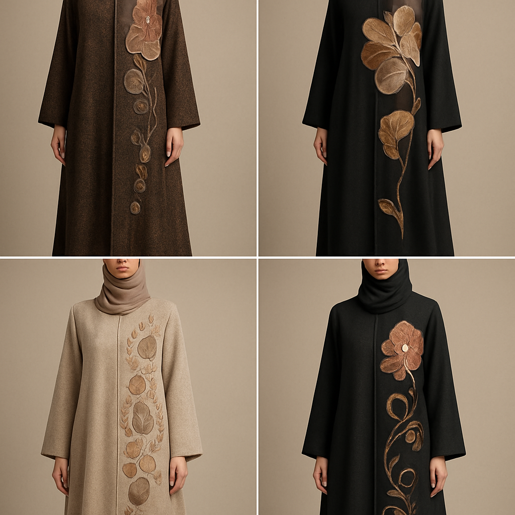 Create a modest abaya that's the first of its kind, featuring a unique stone design that exudes a classy and sophisticated vibe. I'd like four designs, each showcasing different styles and fabrics.Incorporate high-end, unique chic stone designs to make them truly special. And add little cute touch of sophisticated stone designs. Add huge flower and unique designs.
Create a modest abaya that's the first of its kind, featuring a unique stone design that exudes a classy and sophisticated vibe. I'd like four designs, each showcasing different styles and fabrics.Incorporate high-end, unique chic stone designs to make them truly special. And add little cute touch of sophisticated stone designs. Add huge flower and unique designs.