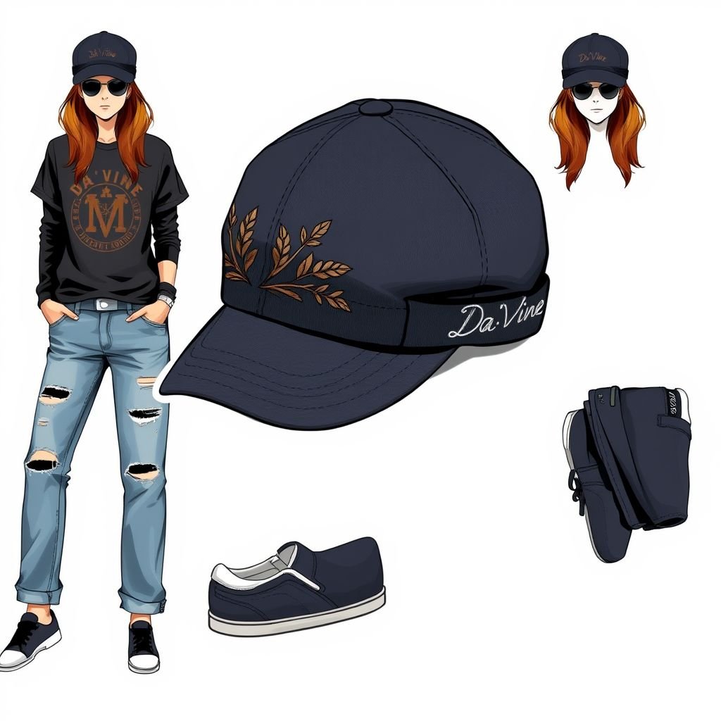 Skullcap Sailor Hat: EmbroideredLeaf Rivet, Warm Rolled Cuff Adjustable CasualCap. With “Da’Vine” on the side
Design a casual, laid-back outfit featuring a Skullcap Sailor Hat adorned with intricate embroidered leaf rivets. The hat boasts a warm, adjustable rolled cuff and the name “Da’Vine” elegantly scripted on the side. Pair it with a relaxed-fit graphic tee, distressed jeans, and comfortable slip-on sneakers for ultimate street style.