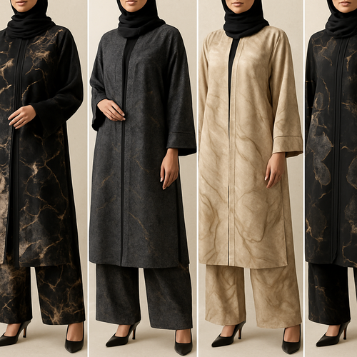 Create a modest abaya and loose pant, first of its kind, featuring a unique stone design that exudes a classy and sophisticated vibe. I'd like four designs, each showcasing different styles and fabrics. Incorporate high-end, unique chic stone designs to make them truly special. Add little sophisticated stone designs. Make it irresistible with designs that stands out.