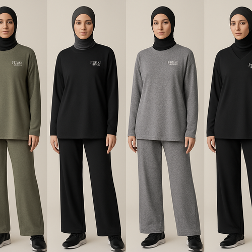 Create a revolutionary women’s modest loose gym wear brand called “Modest Fleur”. Display the brand name on the  in a unique design on the upper right side, in small thick writing that exudes a classy and sophisticated vibe. I’d like four designs, each showcasing different styles and fabrics, with high-end, chic designs to make them truly special.