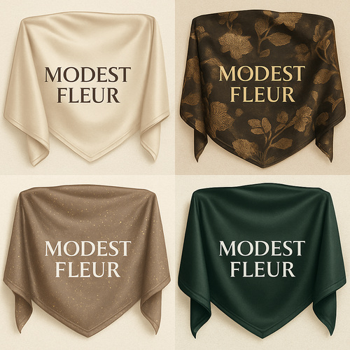 Create a revolutionary women’s modest scarve wear brand called “Modest Fleur”. Display the brand name on the  in a unique design ,that exudes a classy and sophisticated vibe. I’d like four designs, each showcasing different styles and fabrics, with high-end, chic designs to make them truly special.