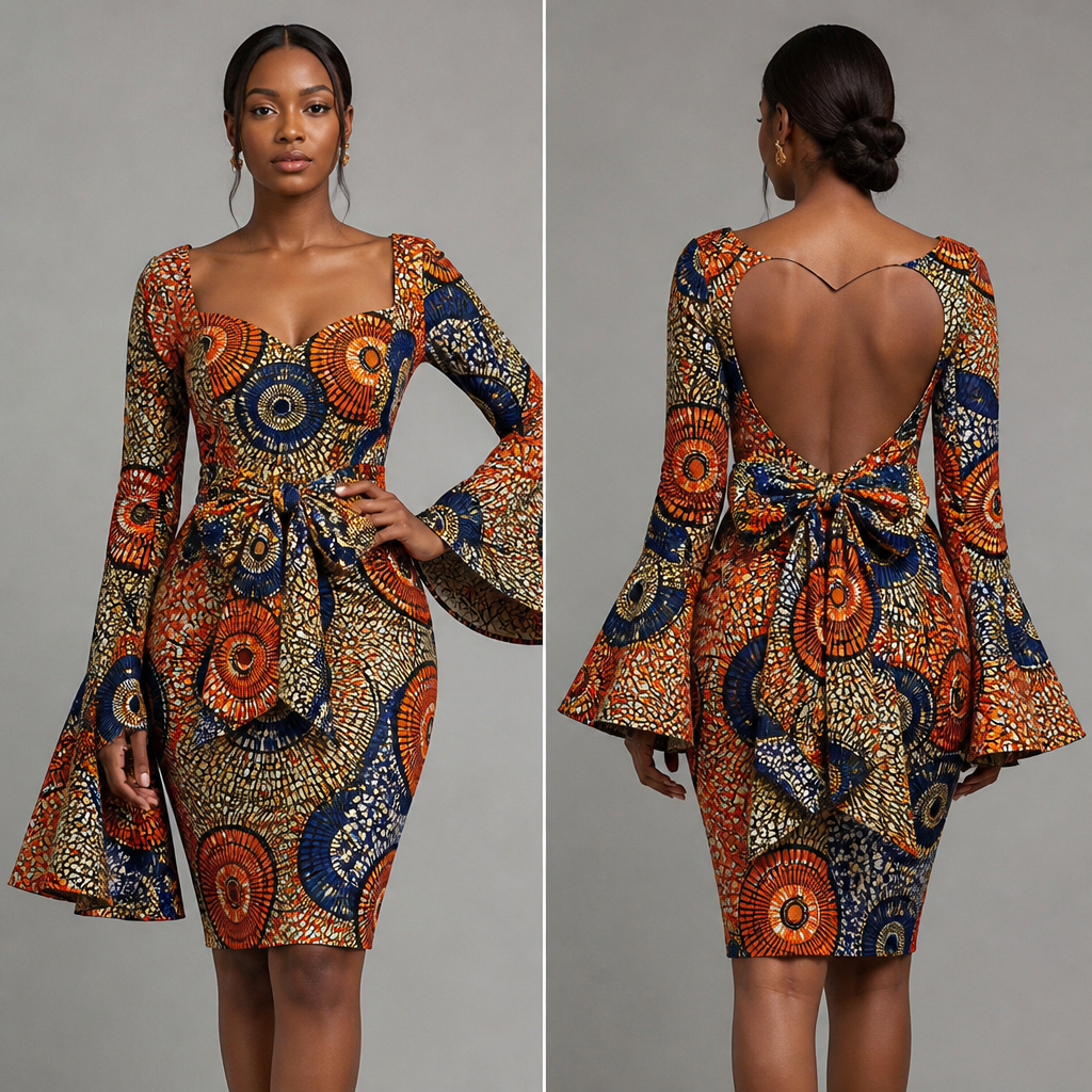 A Female Dress design, suitable for Summer. a loved- shaped bared back, knee length, a cute bow, long sleeves with flary end on one hand and an African print
photorealistic fashion design, A Female Dress design, suitable for Summer. a loved- shaped bared back, knee length, a cute bow, long sleeves with flary end on one hand and an African print, just the design no text, show front and back