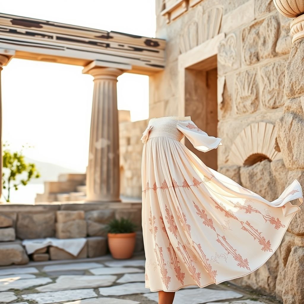 שמלה קיצית בסטייל קליל יווני
Design a lightweight summer dress inspired by breezy Greek aesthetics. Picture flowing, ethereal fabrics in soft pastels, adorned with intricate embroidery reminiscent of ancient ruins. The silhouette features a flowing A-line cut with delicate off-the-shoulder sleeves and a cinched waist, evoking a sense of freedom and timeless elegance perfect for sunlit gatherings.