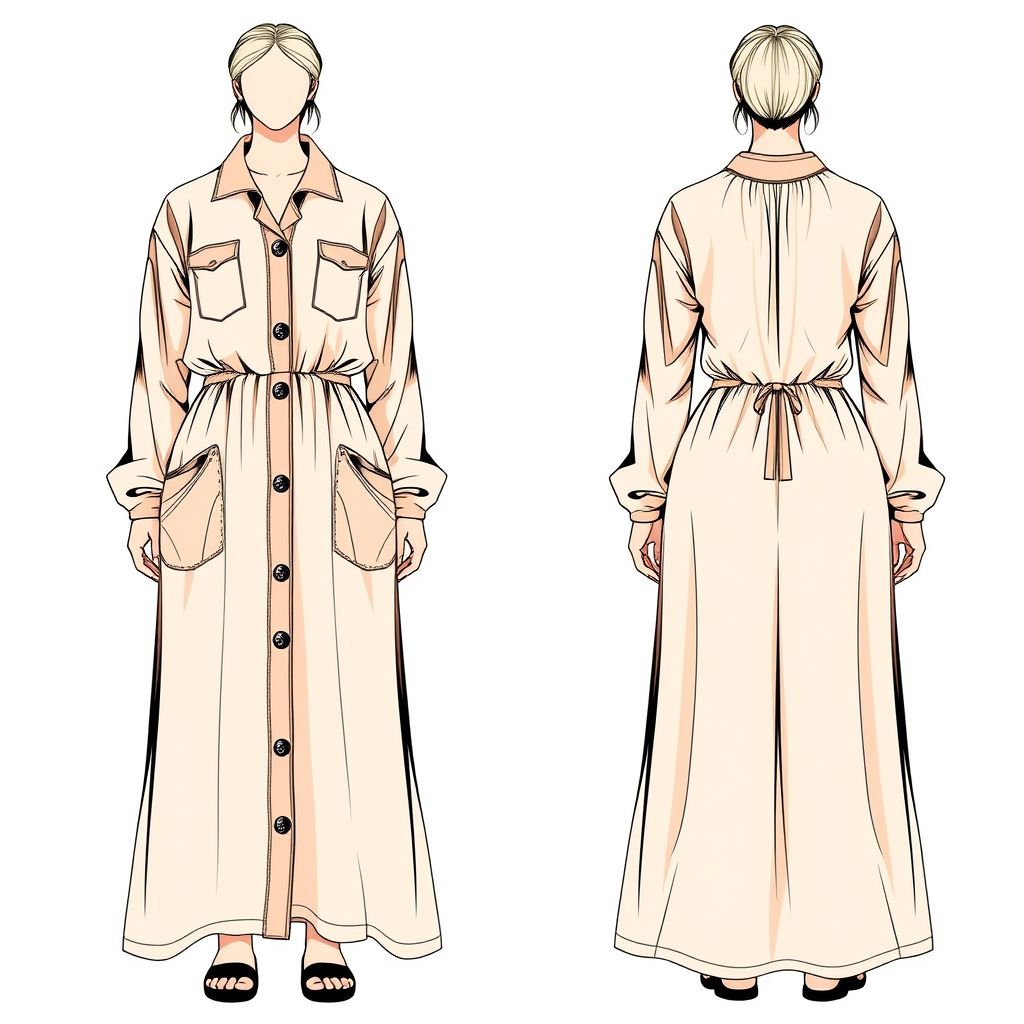 A summer dress with long sleeves ,with buttons in front all the way down in a maxi length. The back top of the dress must be shirred design so the bust area is a bit lose. The must be ties to the back so the waist will look smaller. The bottom of the dress from the waist down must be flowy . Show the front of the dress and the back
Design a streetwear-inspired maxi dress for summer featuring long sleeves with a relaxed vibe. Incorporate bold graphic buttons down the front and a shirred back for a unique silhouette. Add adjustable ties at the waist for a cinched look, while ensuring the bottom flows effortlessly. Showcase both the front and stylish back views, blending urban aesthetics with comfort.