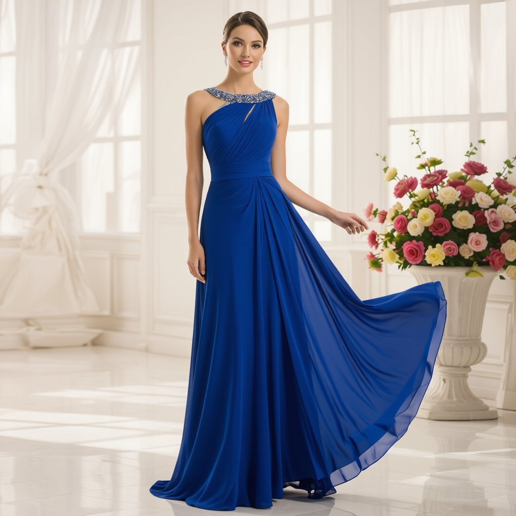 A blue draped pharoanic inspired gown with beadings that doesnt look costumey
Formal fashion: A blue silk gown, draped and floor-length, with subtle beadwork, featuring a structured neckline.