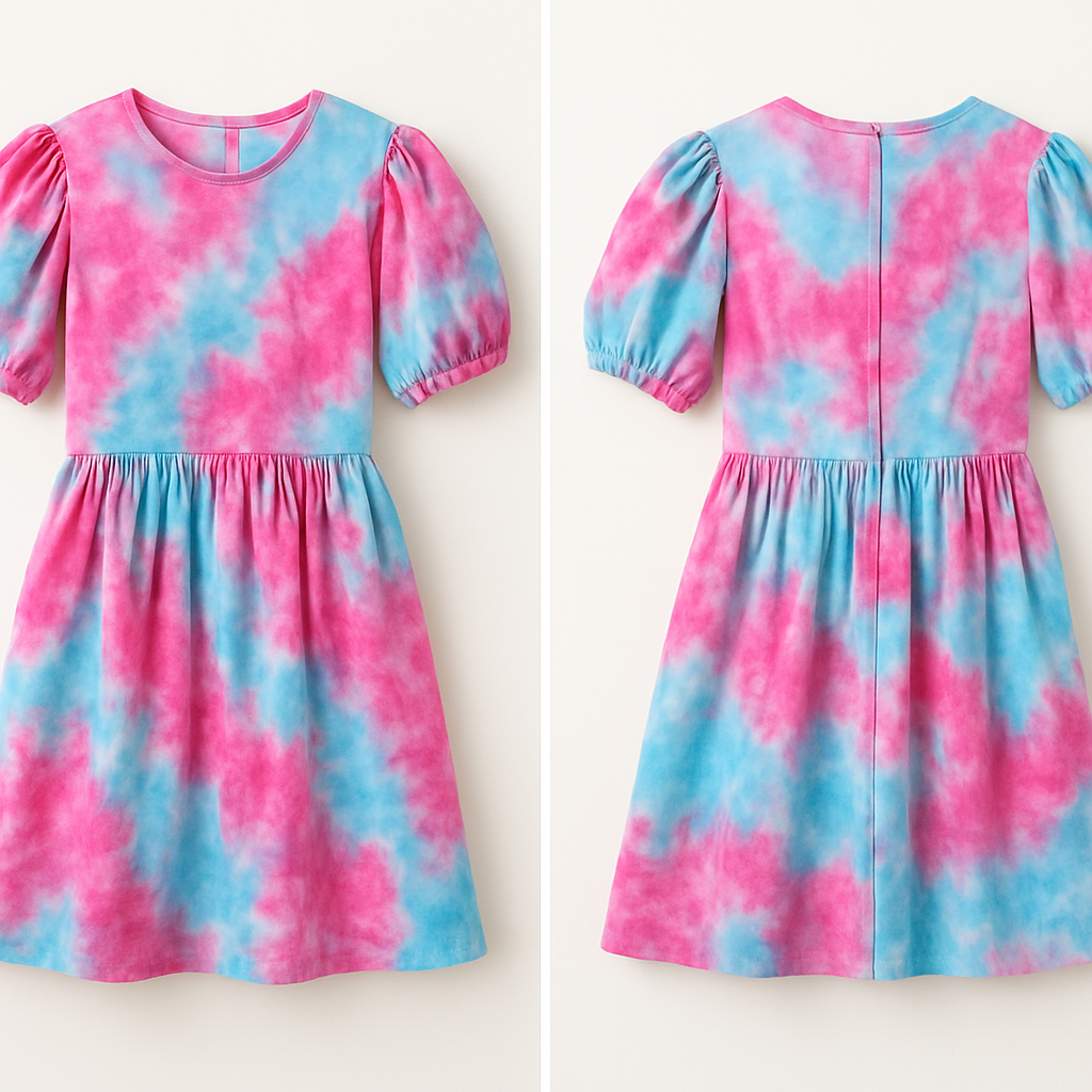 Festive with contrast colors pink and sky blue
Festive with contrast colors pink and sky blue , tie_dye style, show front and back