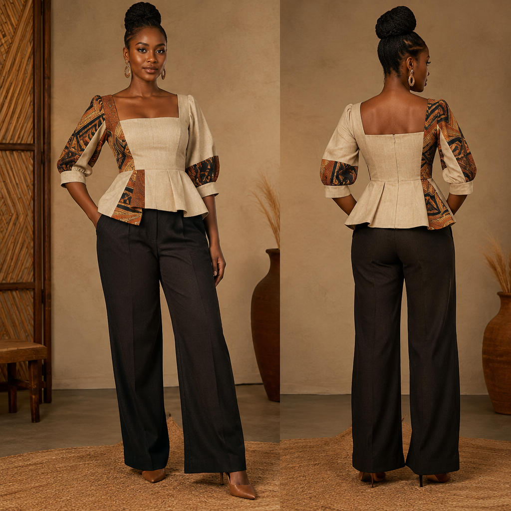 A Female Top design, made of Linen, with a rich, textured surface, with a Fitted silhouette, for Formal, suitable for Fall, shown on a model with brown skin. something elegant yet modern and a little bit flirty but traditional zambian without the flag but should give of a traditionall vibe Present it as professional fashion catalogue photography: the garment is the subject, shown full-length with editorial styling, neutral posing and tasteful, non-suggestive framing.
photorealistic fashion design, A Female Top design, made of Linen, with a rich, textured surface, with a Fitted silhouette, for Formal, suitable for Fall, shown on a model with brown skin. something elegant yet modern and a little bit flirty but traditional zambian without the flag but should give of a traditionall vibe Present it as professional fashion catalogue photography: the garment is the subject, shown full-length with editorial styling, neutral posing and tasteful, non-suggestive framing., just the design no text