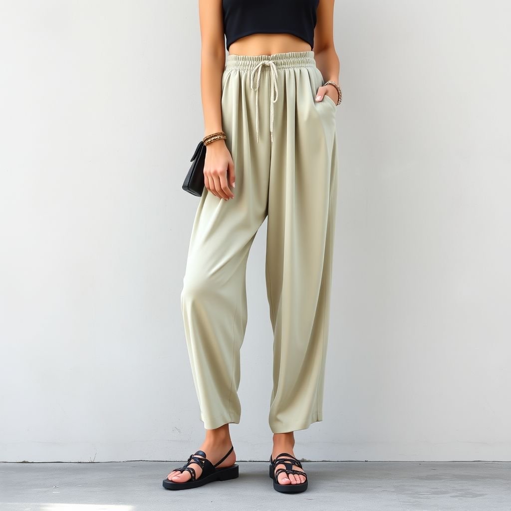 מכנסיים מבד נופל חלק עם שרוך לא לוחץ
Design ultra-comfortable, flowing trousers made from soft, lightweight fabric that drapes elegantly. The pants feature a relaxed fit and a unique drawstring waist that allows for customizable comfort without constriction. Pair with a chic cropped top and layered accessories for a trendy streetwear vibe, perfect for effortless day-to-night transitions.