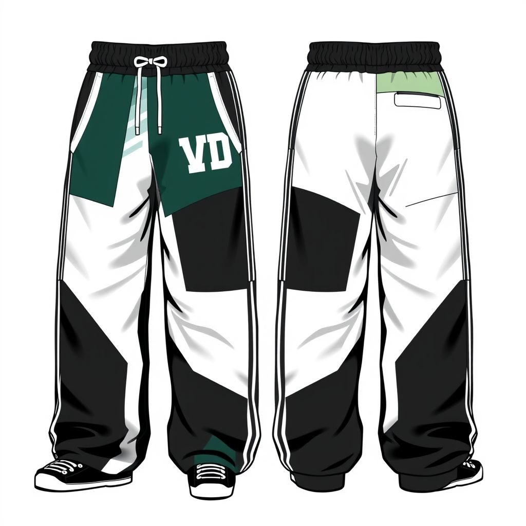 Streetrush Men's Street Sporty Academy Style, Street Hip-Hop Oversized. These Black And White Color-Block Design Ultra-Wide Sports Sweatpants Feature Multiple Stripes, dark green and pastel green Paneling Design, And Front And Back Pattern Designs, Along With A Creative Double Waistband. They Are Suitable For All-Season Wear, Embody Street Rock Aesthetics, And Are Perfect For Music Festivals And Everyday Outfits, Making Them An Excellent Gift For Boyfriends Or Husbands. This Style Reflects Y2K Streetwear ,Men's Two-Tone Outdoor Sports , Chicago Jersey , Streetwear , Streetwear Sweatpants. Put “DV” somewhere on it.
Design a pair of ultra-wide, black and white color-blocked sweatpants featuring multiple stripes complemented by dark green and pastel green panels. Incorporate a creative double waistband for a modern touch. Highlight "DV" prominently, embracing Y2K streetwear vibes. Perfect for music festivals, these unisex pants embody casual street aesthetics with bold graphic patterns.