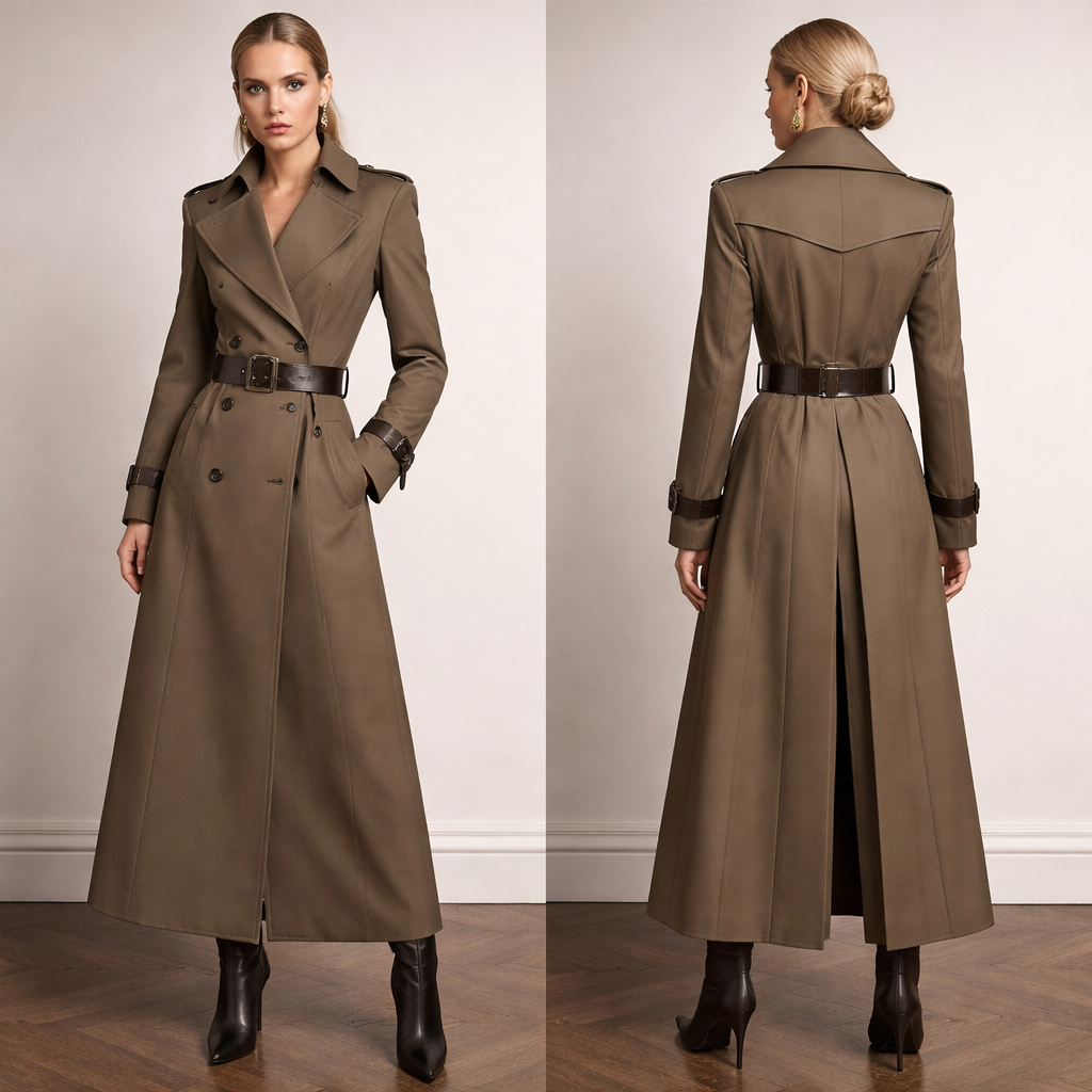 LOOK 1 — The Authority Trench
Main Fabric: Gabardine
Colour: 18-1312 TCX – Bungee Cord
Secondary: 19-0810 TCX – Wren (topstitch or belt)
Silhouette:
Long tailored trench
Strong shoulder
Sharp collar
Deep cuff tabs
Structured belt
Gabardine gives crisp authority.
Bungee Cord keeps it serious, not muddy.
LOOK 1 — The Authority Trench
Main Fabric: Gabardine
Colour: 18-1312 TCX – Bungee Cord
Secondary: 19-0810 TCX – Wren (topstitch or belt)
Silhouette:
Long tailored trench
Strong shoulder
Sharp collar
Deep cuff tabs
Structured belt
Gabardine gives crisp authority.
Bungee Cord keeps it serious, not muddy., neo_western style, show front and back