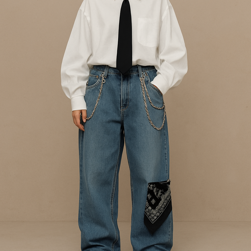 Baggy blue jeans with a oversized white buttoned shirt with a black tie and chains on the pants and a bandanna on the pants and some chain accessories
Baggy blue jeans with a oversized white buttoned shirt with a black tie and chains on the pants and a bandanna on the pants and some chain accessories
