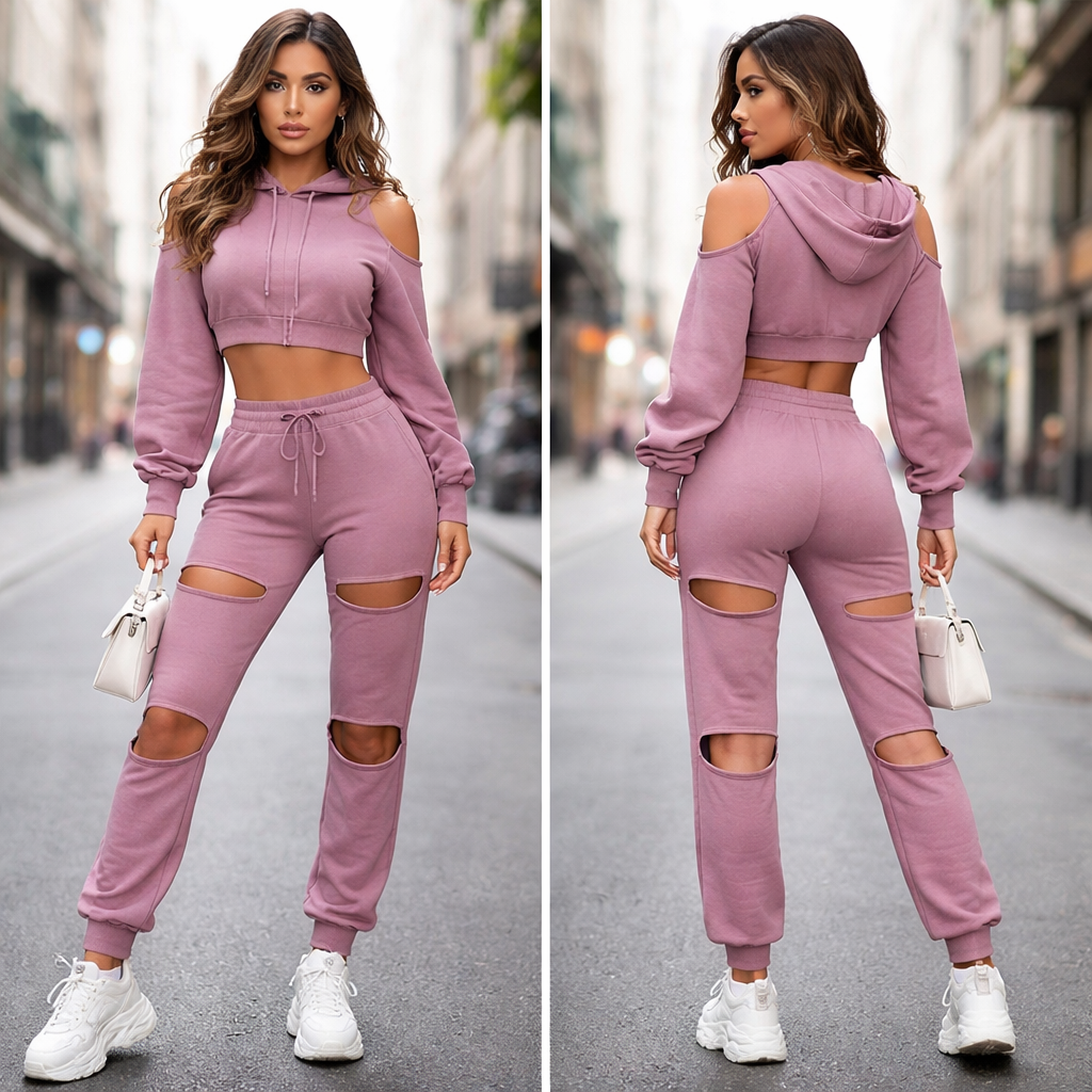 Mauve slit in shoulder Crop top sweat suit jacket legging sweat pants with slits in the knees and thighs
Mauve slit in shoulder Crop top sweat suit jacket legging sweat pants with slits in the knees and thighs , streetwear style, show front and back