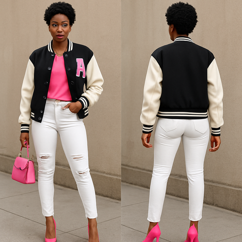 Black woman 
Short curls 
Pink blouse 
White fitted ripped jeans pink heels 
letterman jacket 
Gold jewelry
Pink purse 
Pink heels 

