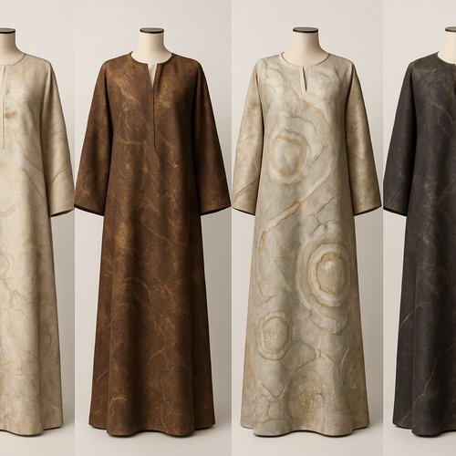 Create a modest boubou, the first of its kind, featuring a unique stone design that exudes a classy and sophisticated vibe. I'd like four designs, each showcasing different styles and fabrics. Incorporate high-end, unique chic stone designs to make them truly special. Add little sophisticated stone designs.