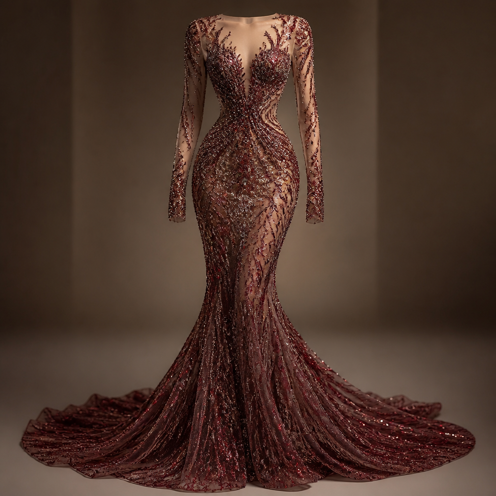 A stunning floor-length evening gown featuring a figure-hugging mermaid silhouette that closely follows the body's curves from the bust to the knees before flaring gracefully into a dramatic hem. The gown is enhanced with intricate crystal and sequin embellishments that catch the light beautifully. Sheer embroidered sleeves add sophistication, while the fitted bodice and sculpted waist create an elegant and feminine shape. The flowing train completes the luxurious red-carpet look.
Features:
Mermaid silhouette
Crystal and sequin embellishments
Sheer embroidered long sleeves
Sculpted waistline
Elegant train
Luxurious eveningwear aesthetic
photorealistic fashion design, A stunning floor-length evening gown featuring a figure-hugging mermaid silhouette that closely follows the body's curves from the bust to the knees before flaring gracefully into a dramatic hem. The gown is enhanced with intricate crystal and sequin embellishments that catch the light beautifully. Sheer embroidered sleeves add sophistication, while the fitted bodice and sculpted waist create an elegant and feminine shape. The flowing train completes the luxurious red-carpet look.
Features:
Mermaid silhouette
Crystal and sequin embellishments
Sheer embroidered long sleeves
Sculpted waistline
Elegant train
Luxurious eveningwear aesthetic, just the design no text