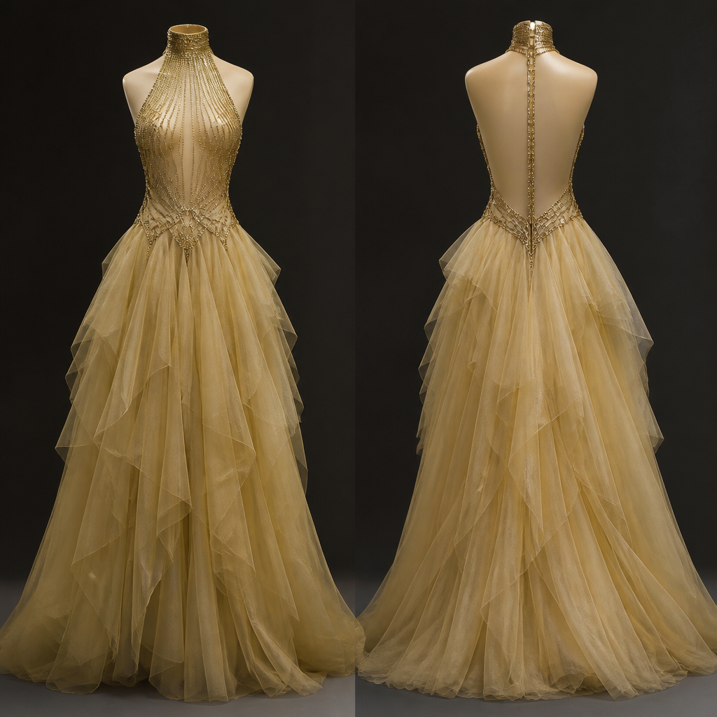 No model just outfit long elegant sexy gown halter high collar back out only one piece of jewelry connected from the back of the neck down to the back of the waistline bottom very full chiffon layers of tule in champagne golden color and the front from the neck down to waist stings and strong of gold necklace connecting to make a halter top all in golden
photorealistic fashion design, No model just outfit long elegant sexy gown halter high collar back out only one piece of jewelry connected from the back of the neck down to the back of the waistline bottom very full chiffon layers of tule in champagne golden color and the front from the neck down to waist stings and strong of gold necklace connecting to make a halter top all in golden , avant_garde style, just the design no text, show front and back