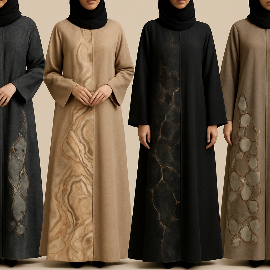Create a modest two piece abaya, first of its kind, featuring a unique stone design that exudes a classy and sophisticated vibe. I'd like four designs, each showcasing different styles and fabrics. Incorporate high-end, unique chic stone designs to make them truly special. Add little sophisticated stone designs. Make it irresistible with designs that stands out.

Create a modest two piece abaya, first of its kind, featuring a unique stone design that exudes a classy and sophisticated vibe. I'd like four designs, each showcasing different styles and fabrics. Incorporate high-end, unique chic stone designs to make them truly special. Add little sophisticated stone designs. Make it irresistible with designs that stands out.