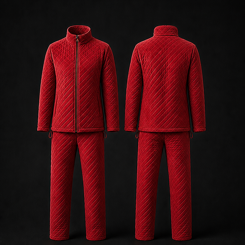 Make this suede quilted jogging suit in red
edit the attached fashion design with these instructions: Make this suede quilted jogging suit in red. keep it photorealistic, just the design no text