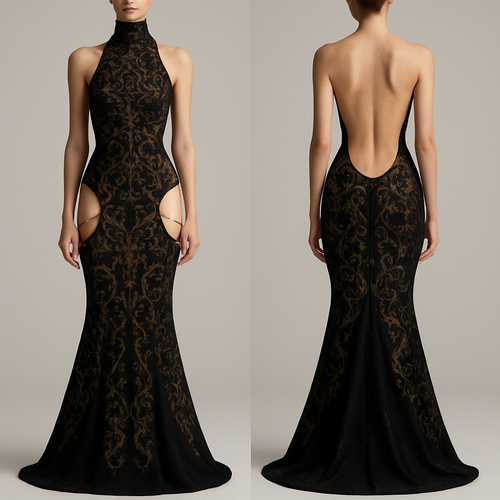 the dress is going to be black with gold thread. A backless and strapless and sleeveless turtleneck, it’s fitted and at the hips there’s two long open pieces which show off a hip window with gold chains, it also has a mermaid skirt at the bottom.