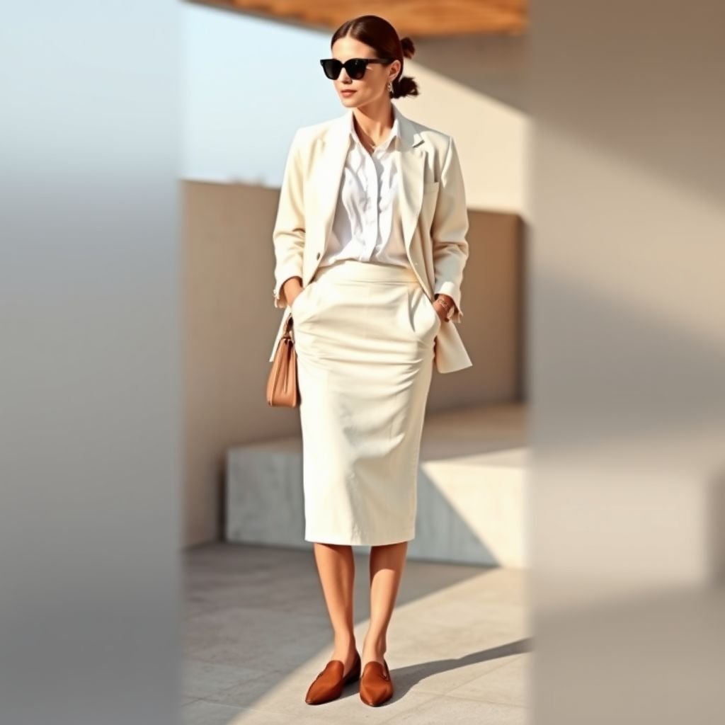 Cotton summer Resort smooth pencil skirt clean shiv and shirt and wear style channel chic comfy
Design an elegant classic summer resort ensemble featuring a smooth, high-waisted cotton pencil skirt in a soft pastel hue. Pair it with a crisp white button-up shirt, slightly oversized for a relaxed fit. Accessorize with a chic, structured blazer and timeless loafers, embodying refined comfort and effortless sophistication for a perfect getaway look.