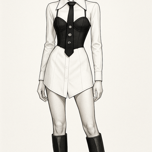 Can you do a white fitted shirt dress with a large collar, with a black slightly crop corset top with thin straps over it, and a black tie with knee high boots
Longer corset with cup details and the shirt dress slightly shorter coming down in a slight v shape at the front and three big jewels going down vertically on the tie