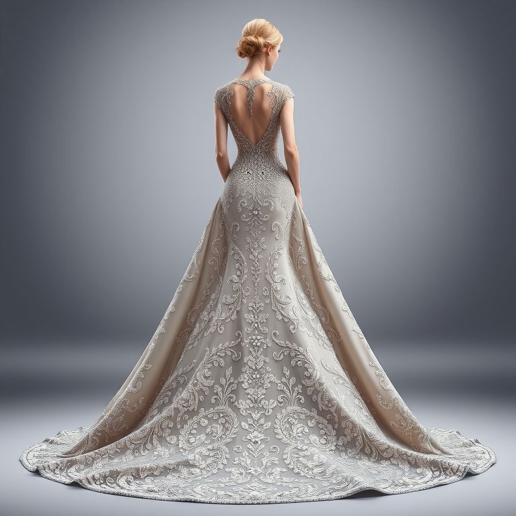 A full gown, well snatched, with lots of detailed beaded work, a little cleavage and well detailed back
Design an opulent full gown that exudes glamour, featuring exquisite beadwork that shimmers with every movement. The bodice is elegantly snatched, adorned with intricate patterns that enhance femininity, while a delicate neckline showcases tasteful cleavage. The back features an elaborate design, cascading into a luxurious train that captivates and mesmerizes.
