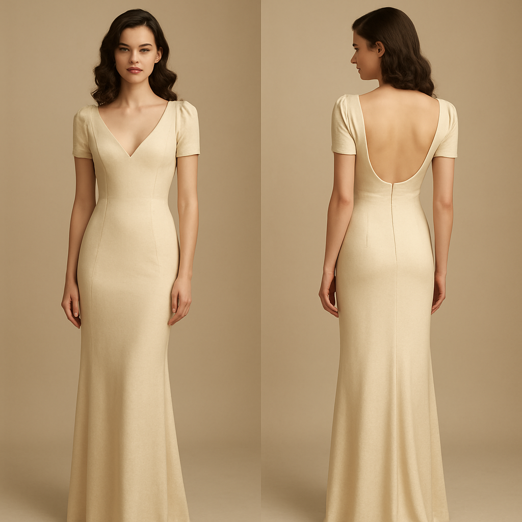Quiero un vestido largo, ajustado, con espalda descubierta y escote en V, con manga corta q sea ideal para graduación
Quiero un vestido largo, ajustado, con espalda descubierta y escote en V, con manga corta q sea ideal para graduación , vintage style, show front and back