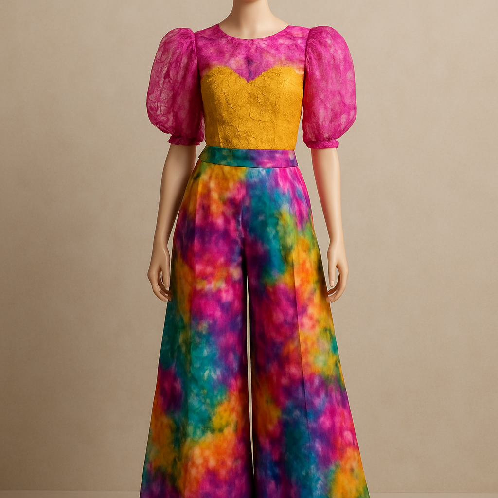 Create one of a kind colorful palazzo pant made from beautiful tie&dye fabric with a beautiful two tone organza lace top designed for high end fashionista that will make it look gorgeous on a mannequin with a face
Create one of a kind colorful palazzo pant made from beautiful tie&dye fabric with a beautiful two tone organza lace top designed for high end fashionista that will make it look gorgeous on a mannequin with a face